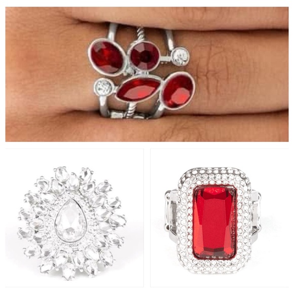 Ruby red and sparkling crystal rhinestone rings -set of 3 - Picture 1 of 7